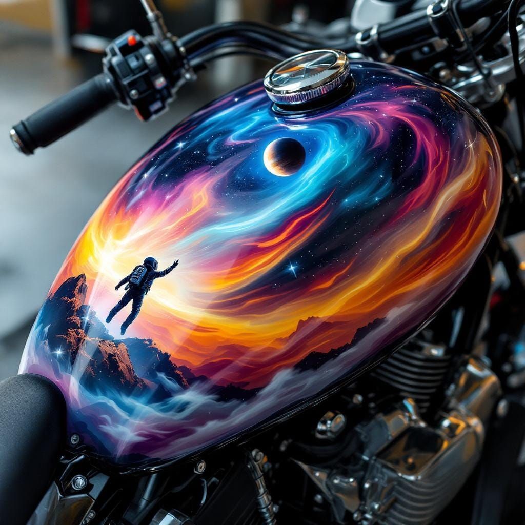 A retro-futuristic motorcycle tank, custom airbrushed with a vibrant, swirling nebula and a lone astronaut ...  by @undefined