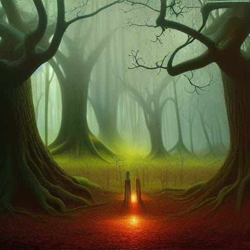 Mysterious Forest with Horror Face in Oil Painting Style