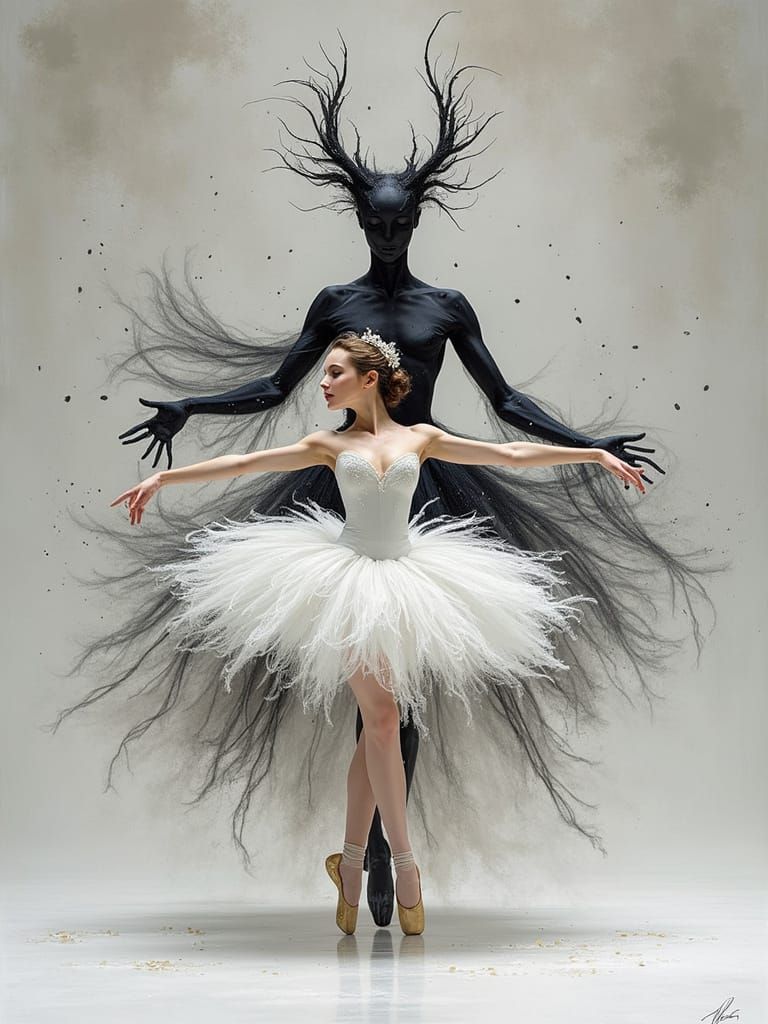 Odette/Odile

The Swan Queen pirouettes alone. Her white tutu glimmers with fading sparkles, feathers molting mid-motion. A shadowy twin—Odi...