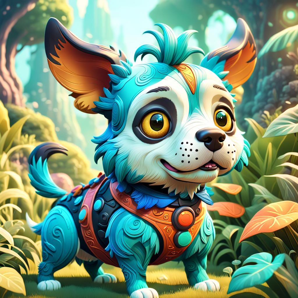 Humorous Cartoon Dog in Lush Fantasy Environment