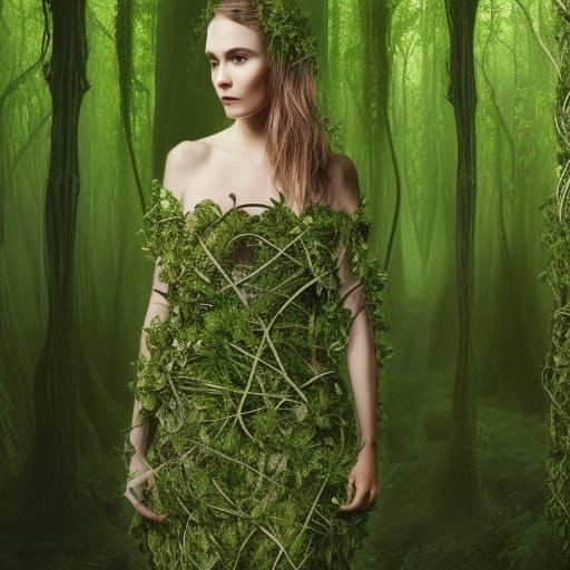 Woman wearing a dress made of vines, in a forest, hyperdetai...
