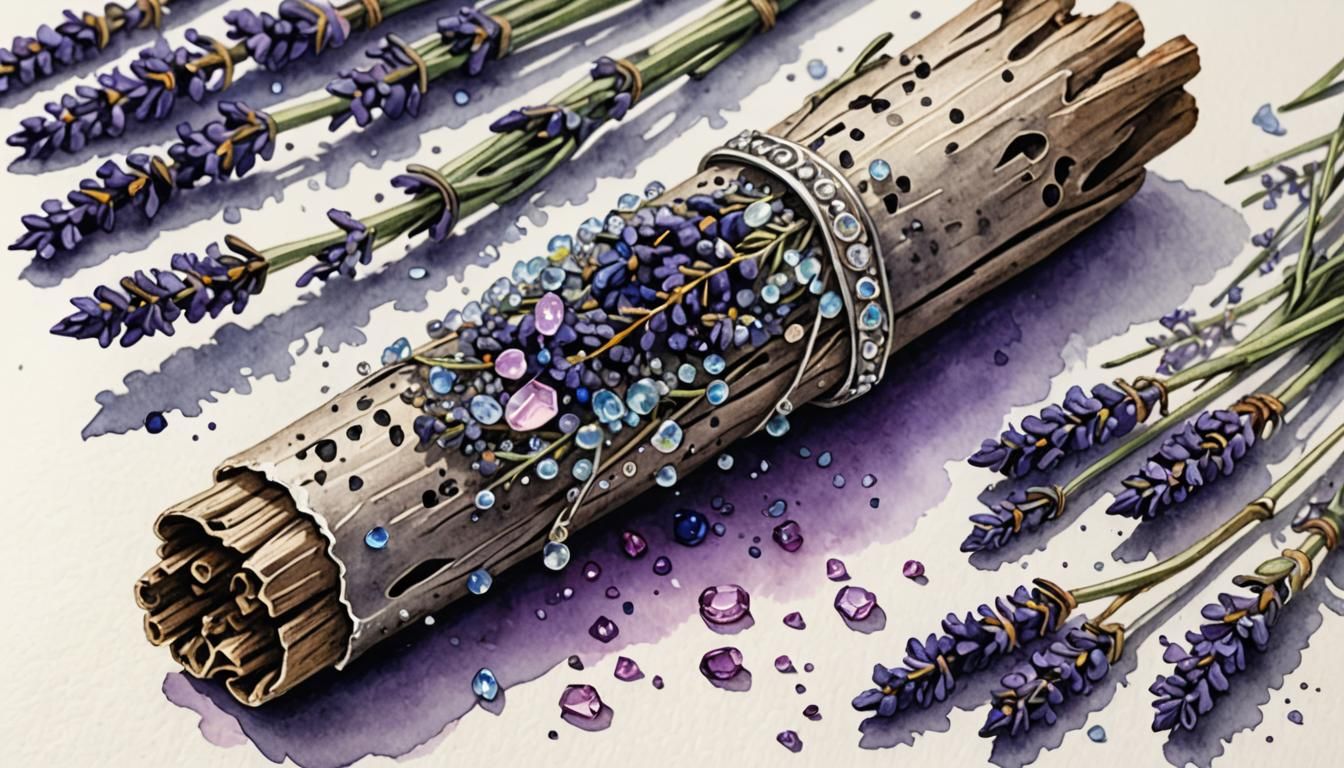 drawing of a smoldering smudge stick adorned with crystals a...