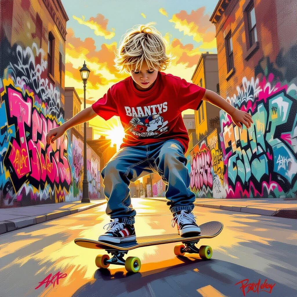 Handsome Blonde Boy on Skateboard in Street Art Style