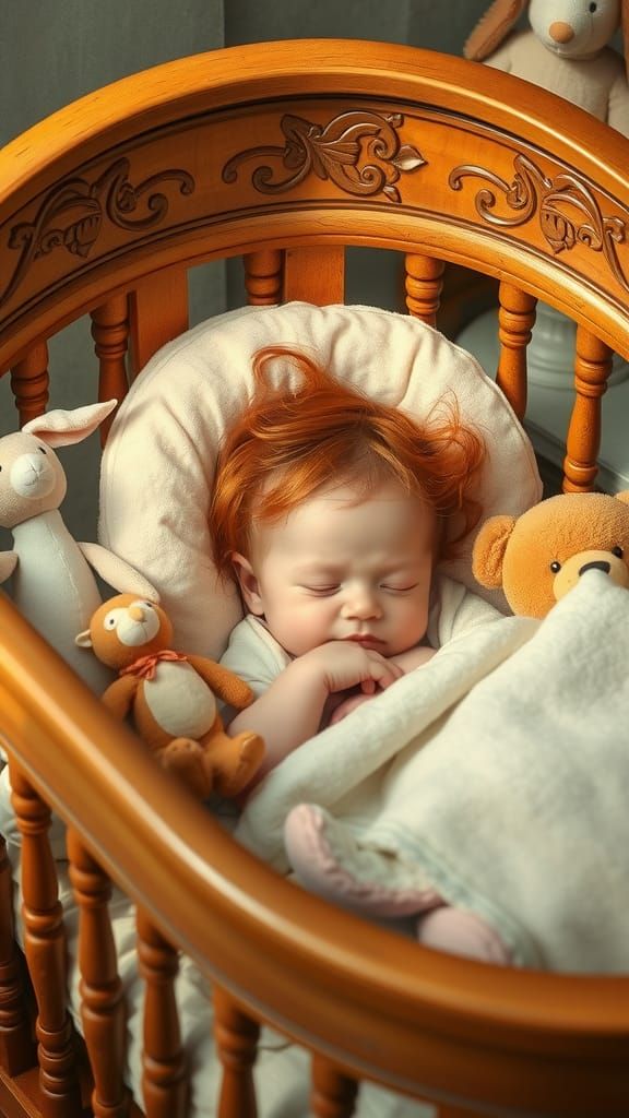 Baby Mädchen mit kupferroten Haare im Kinderbett süß