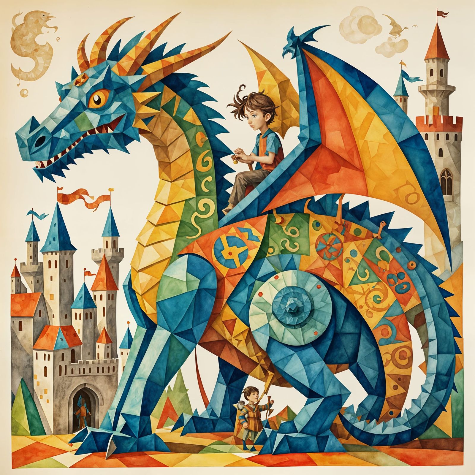 Abstract, low poly, geometric, cut paper illustration,  Picasso style a formation of  whimsical medieval ...  by @Petra Bone