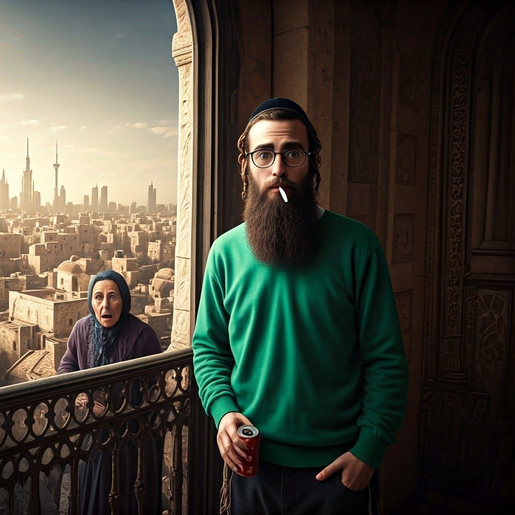 A Young Haredi Man's Surreal Moment in Vibrant Green