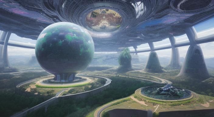 utopian world inside a Dyson sphere, wide view, curving up i...