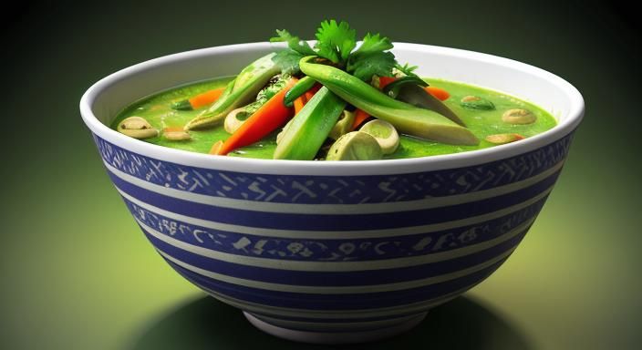 A giant bowl of green curry with all optional vegetables bac...