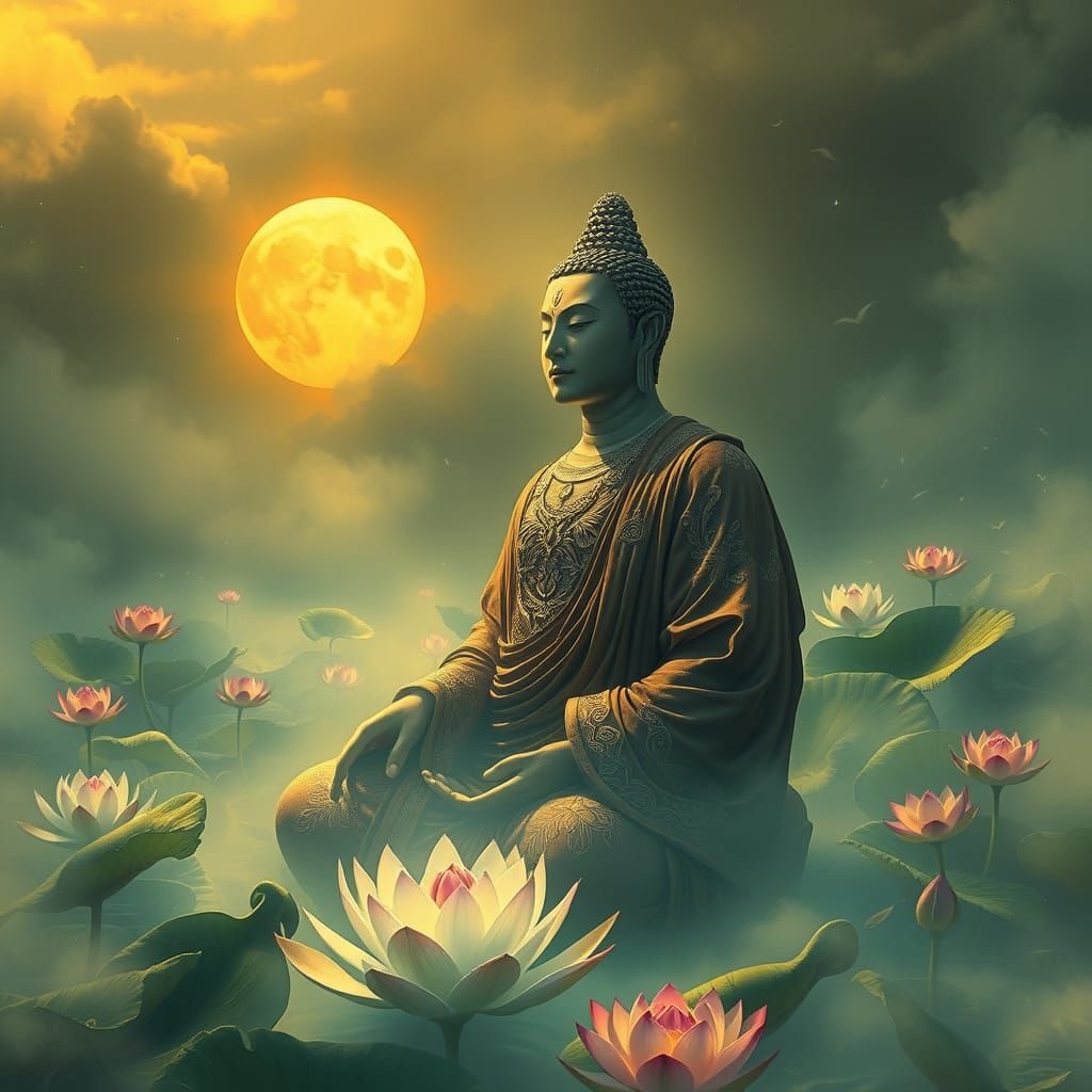 Shariputra Meditates in Ethereal Lotus Landscape