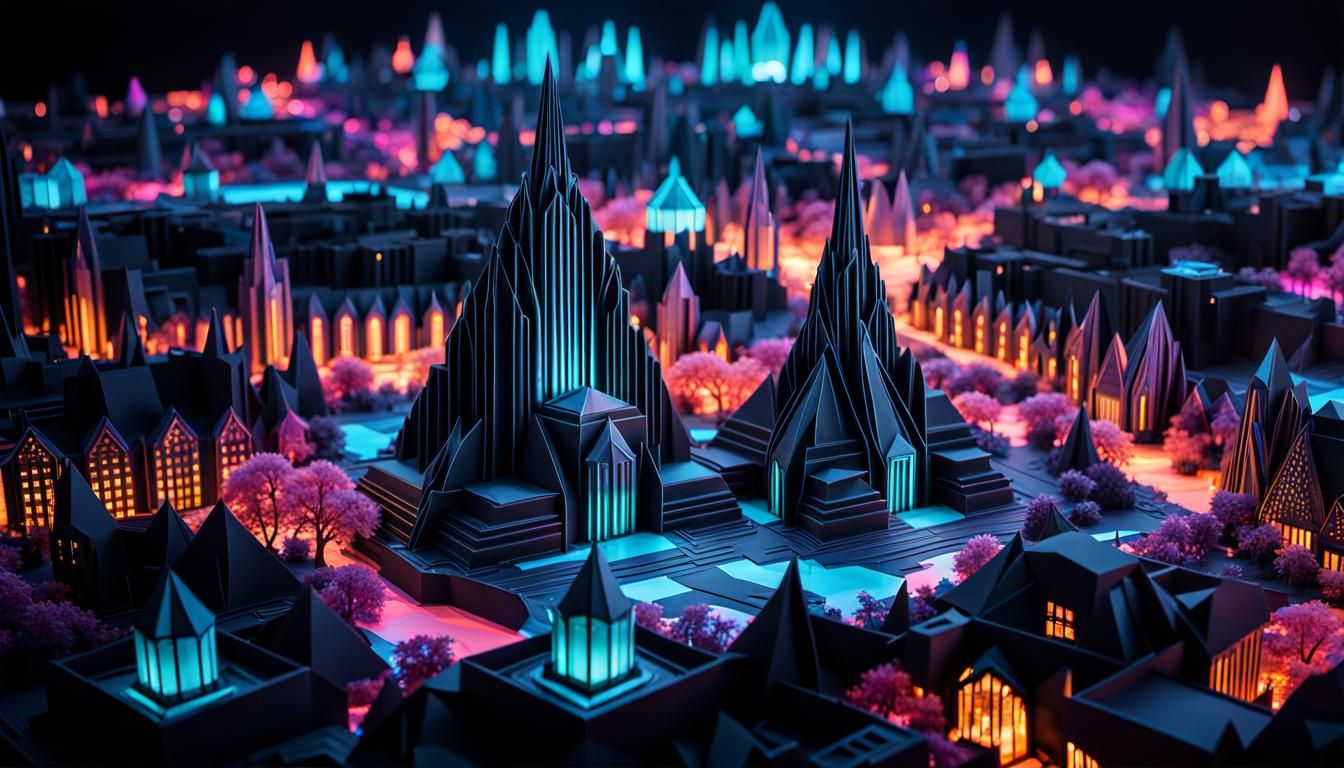 fractal crystal city, night, retroSF, art deco, art nouveau,...