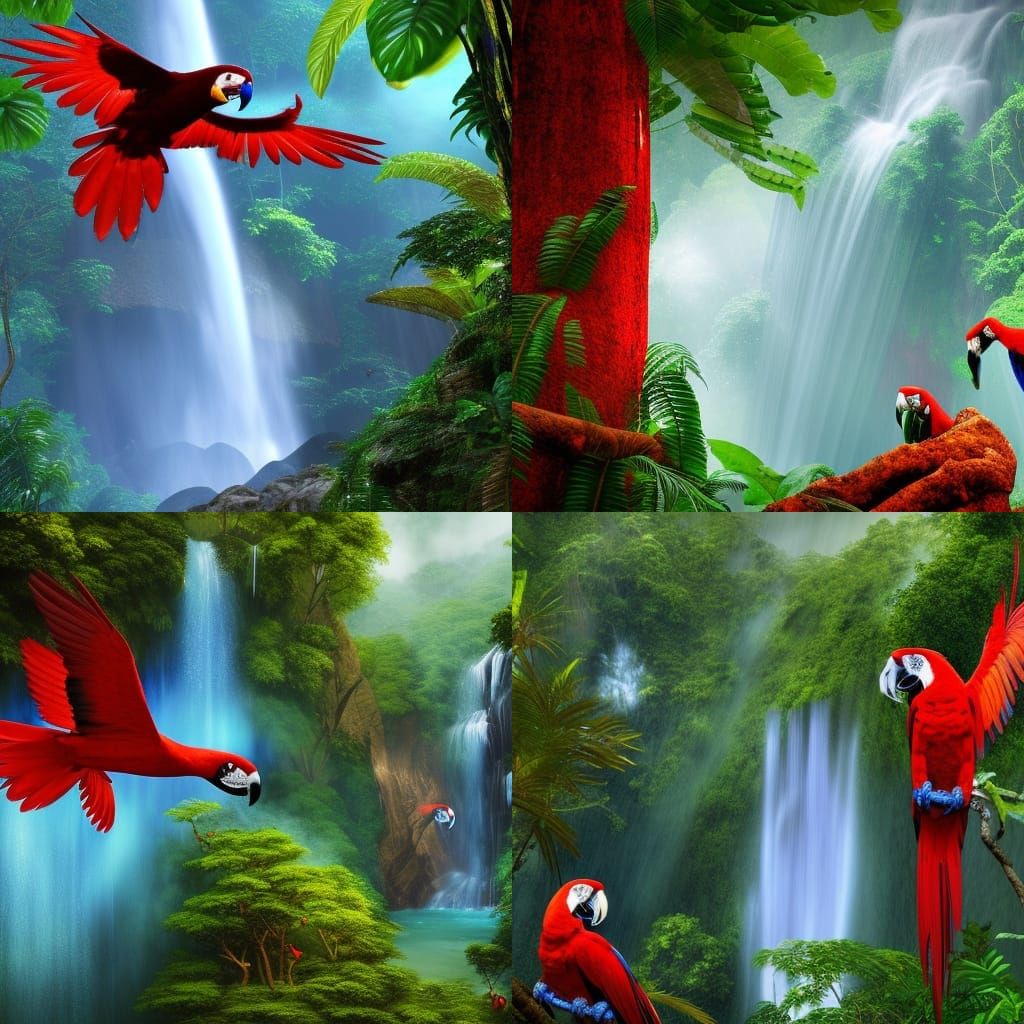 Scarlet macaws in rainforest in Costa Rica with waterfall