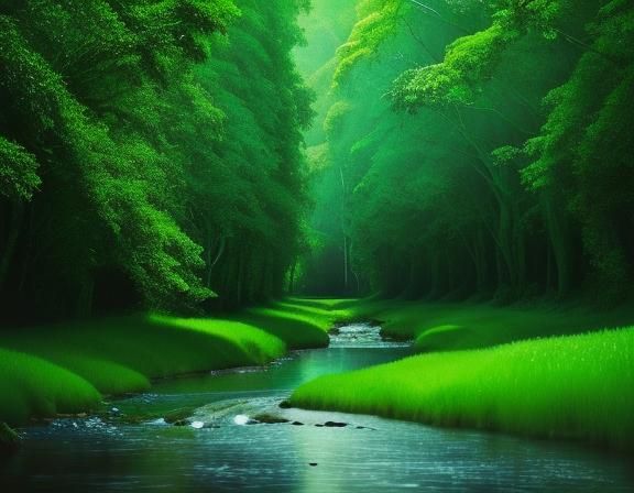 a beautiful green planet,emerald forests, a stream through a...