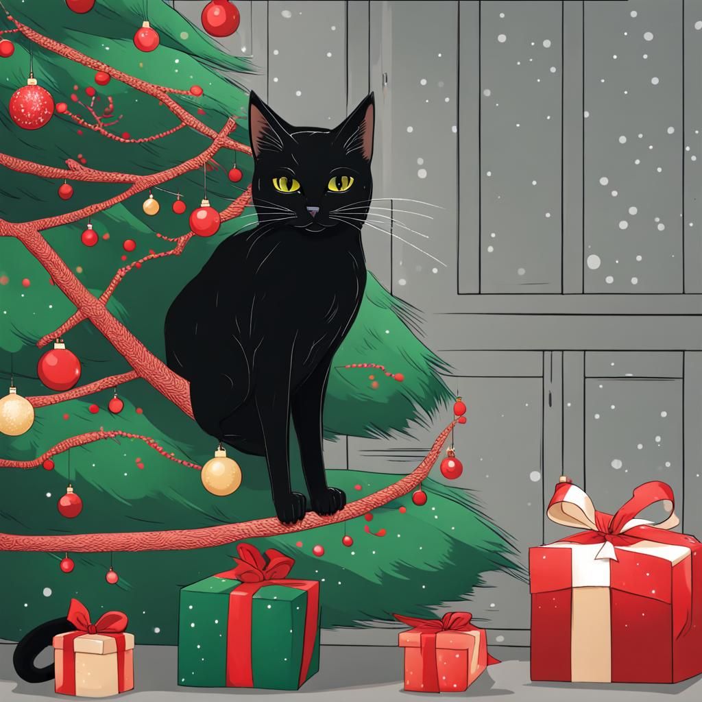 Christmas Black Cat decorating a Christmas Tree AI Generated Artwork