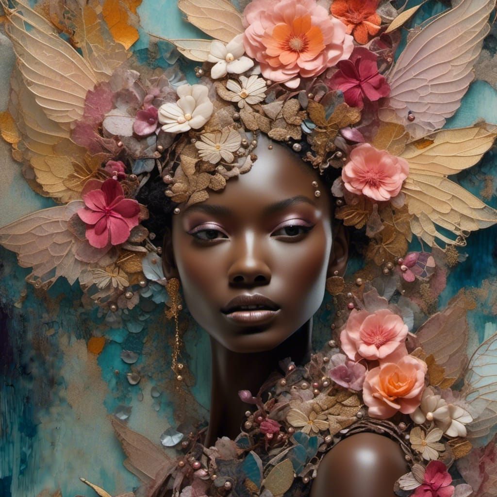<lora:Art Journal:1.0> "wings & beauty”  stunning dark skinned face, elaborate embellished; intricate detailed, collage illustration by dlmu...