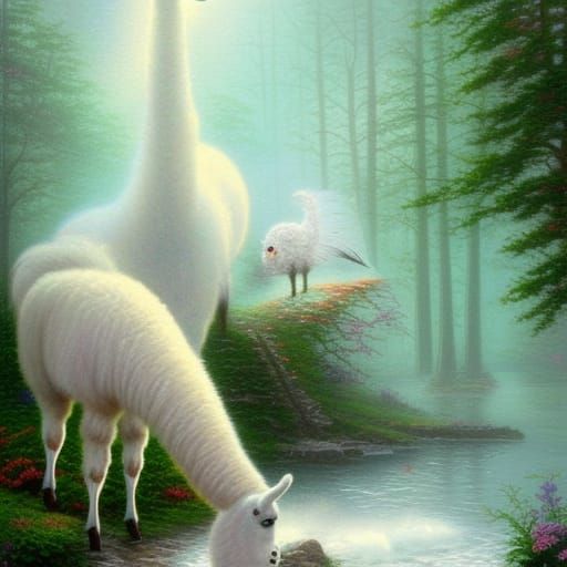 White dream Llama drinking from a crystal lake