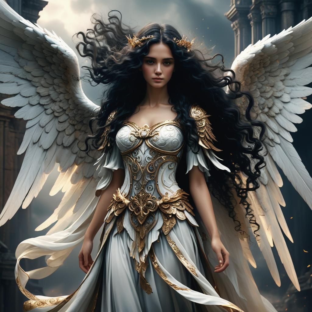 Beautiful Angel with wings, long curly dark hair,   by @AngelWingsNL