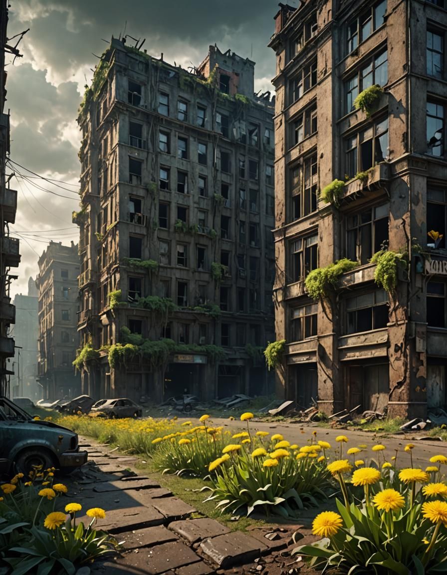 Post-apocalyptic abandoned city, some buildings are ruined, ...