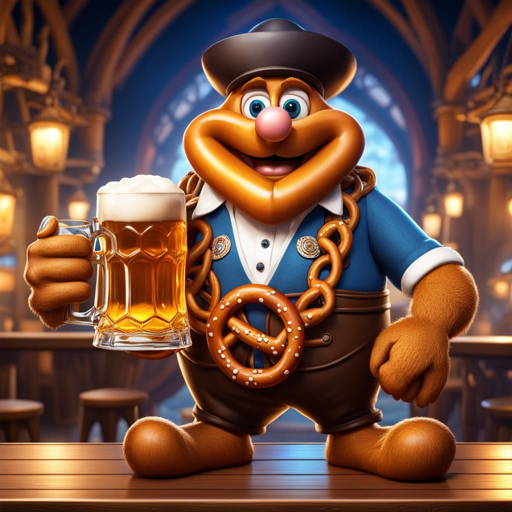 Cartoon style, Bavarian pretzel person, pretzel has eyes, ar...