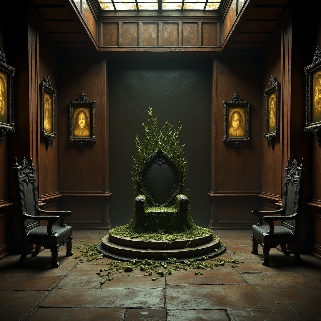 <lora:MJ6-1 DreamForge:1.0> A dark green, thick and heavy circular throne made of vines sits in the center of an old room with walls covered...