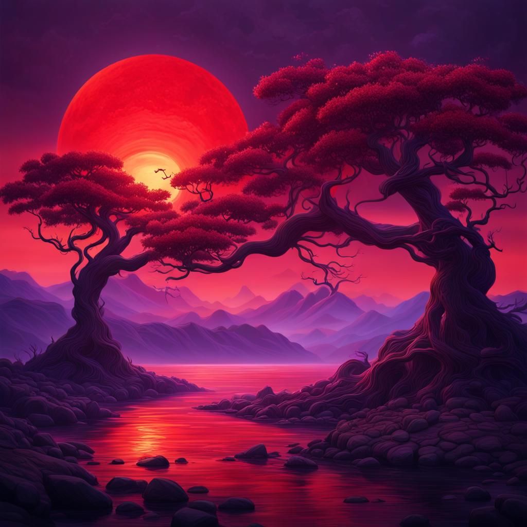 Surreal Landscape with Red Sun and Purple Mountains