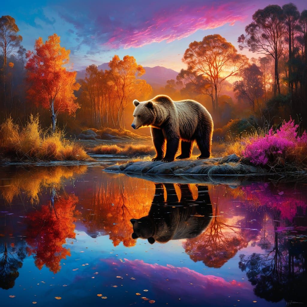 Bear looking down at his reflection in a clear pond