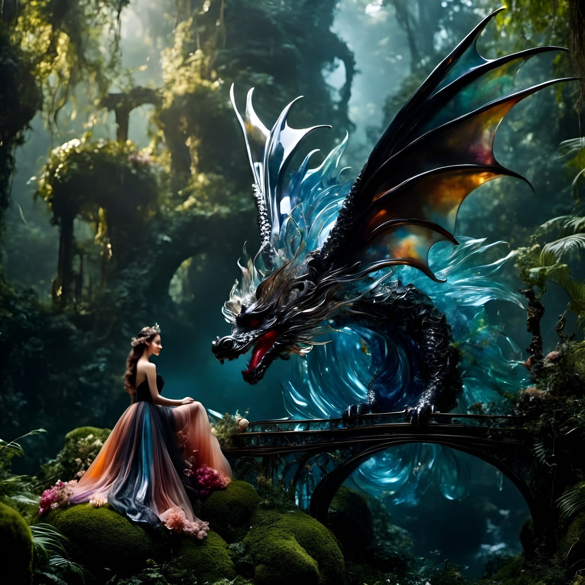 <lora:glass:1.0> Materializing water dragon and princess Ancient ruins of a whimsical flames temple empire, with magical flora and fauna, drapin...