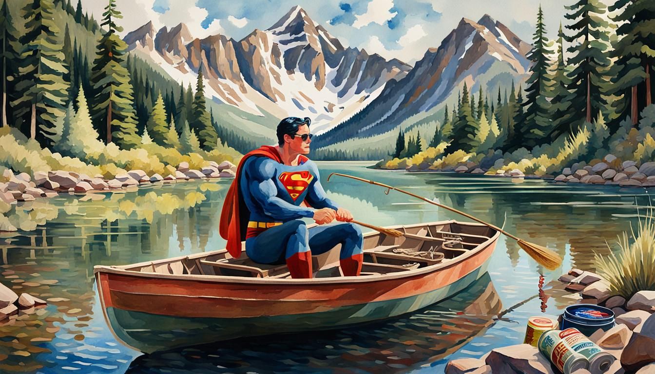maximum definiton.Superman sitting on a rowboat in a mountain lake. He wears sunglasses, fisherman's ...  by @John Doe