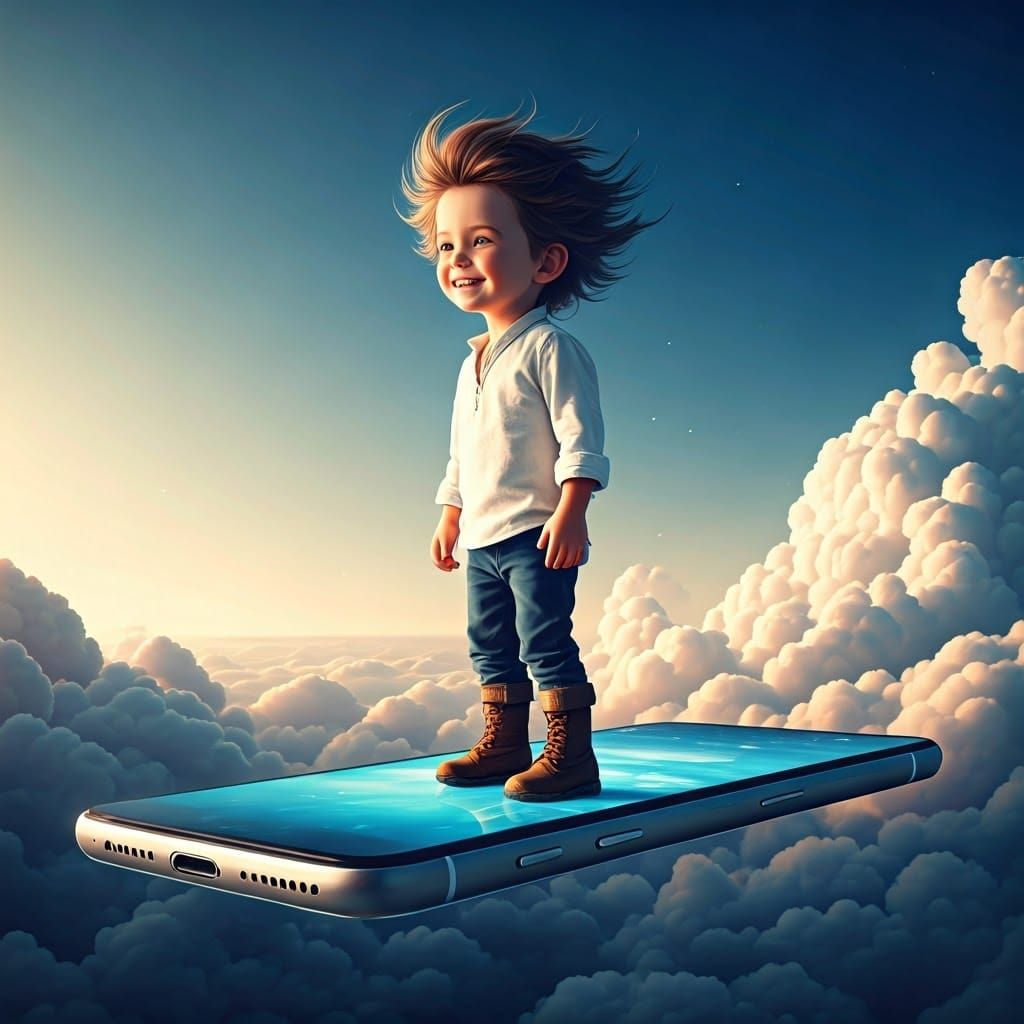Heroic Boy Soars on Hovering Smartphone amidst Vibrant Cloud...