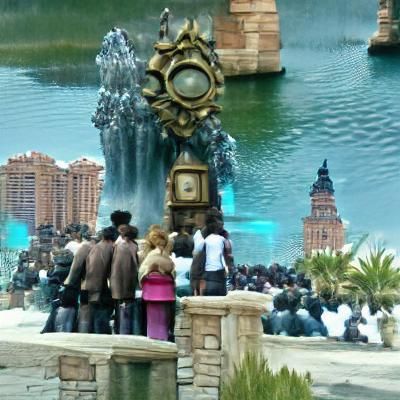 lot of people watching clockwork fountain in atlantis