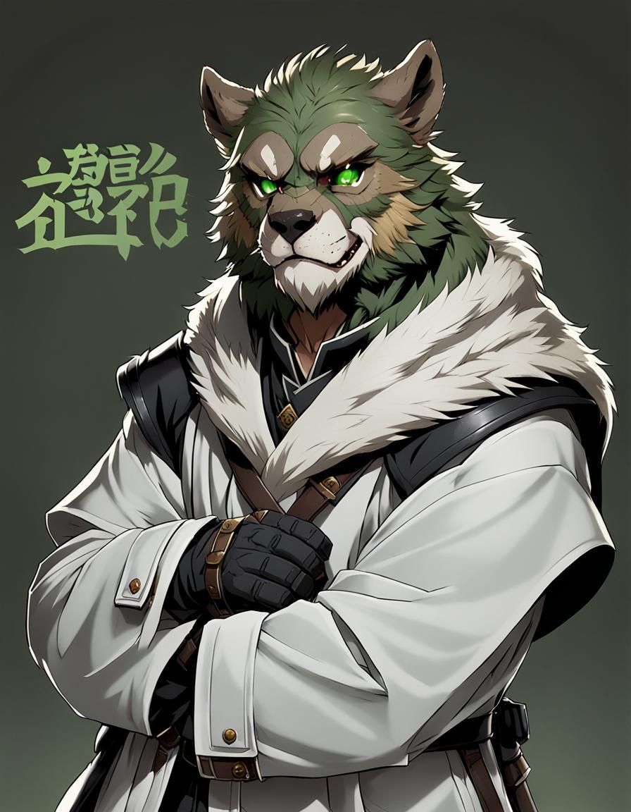 dnd male slim bugbear,short fur, green eyes, wearing arm and...