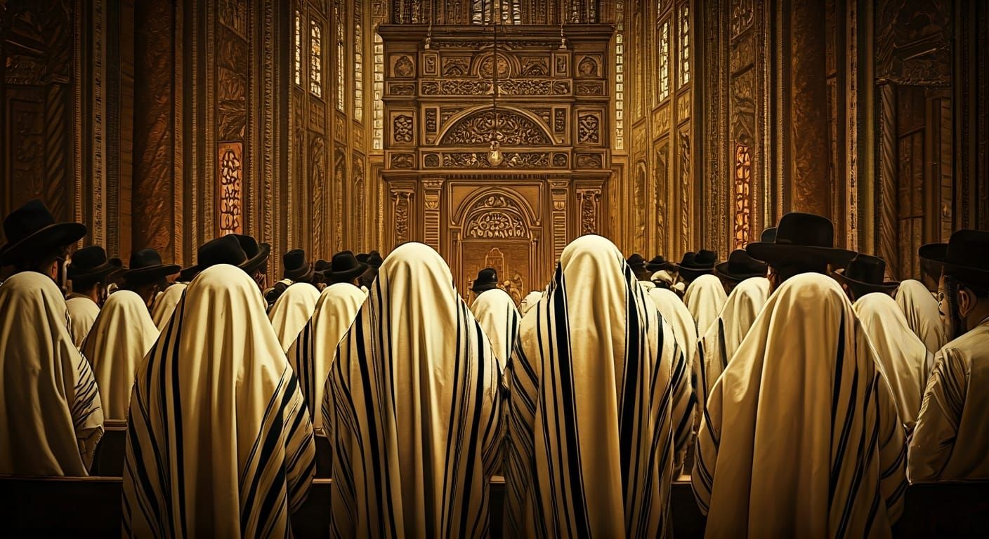 Hasidic Jews Praying in Synagogue: Vintage Illustration