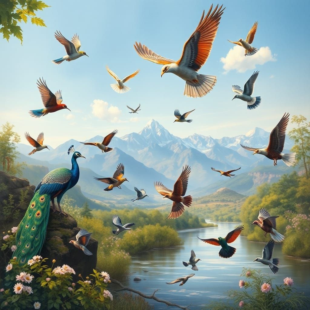"Create a mesmerizing scene where a diverse array of birds f...