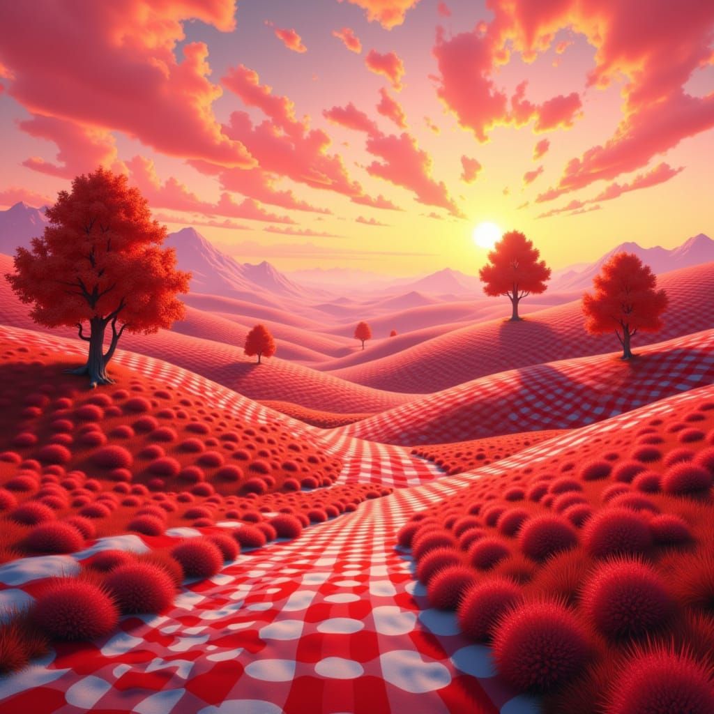 <lora:Gingham World:1.0> a dreamy countryside landscape with red and white gingham-patterned hills and glowing trees, golden hour lighting,...