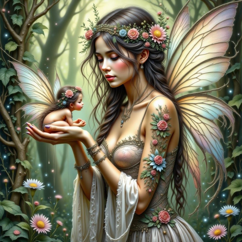 Whimsical Fairy Goddess Births Tiny Companion in Ethereal Dr...