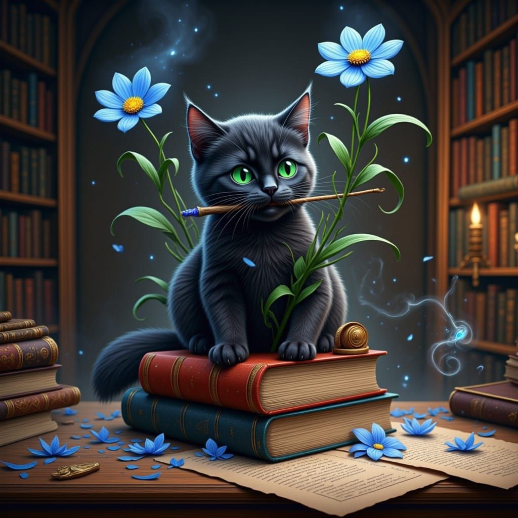 Albus the cat sitting on a pile of books with wand in mouth with a blue flower sprouting out from the spill on the wizards cluttered desk in...