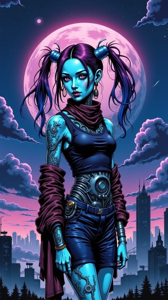<lora:UnBroken 2p0:1.0> a corroded-biomechanical cyberpunk girl with ponytails (indigo and crimson gothic-wardrobe; toque and scarf):1.6. A...