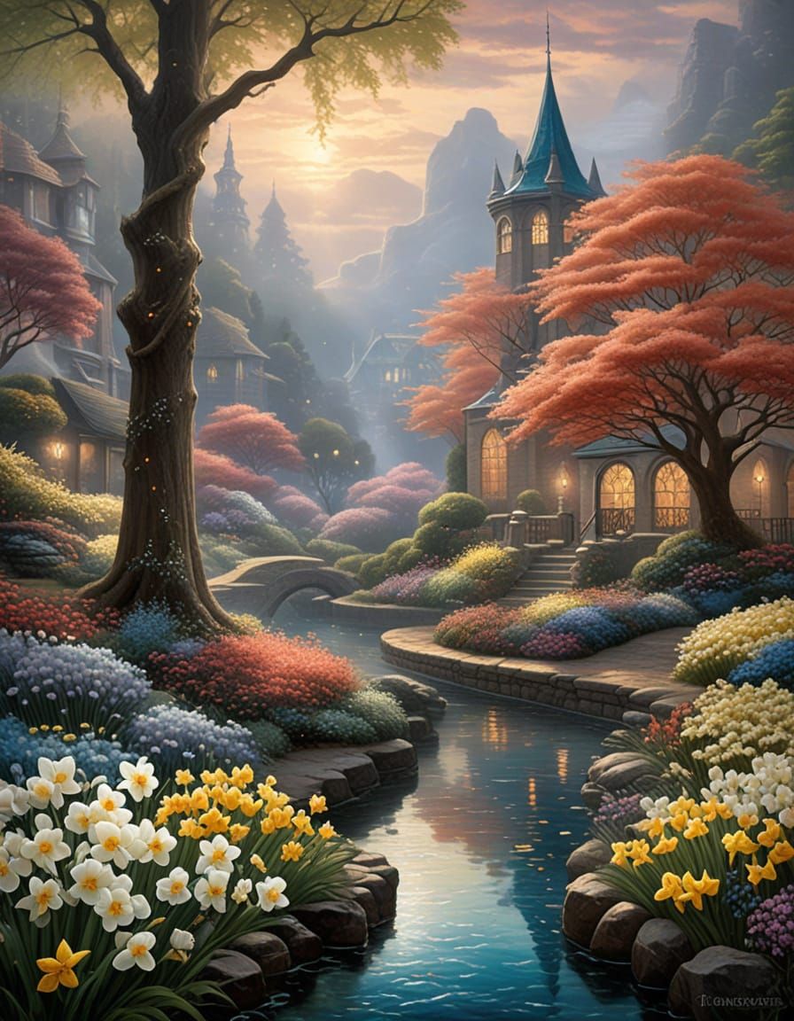 Art deco painting.  A square, artwork featuring coral- narcissus flowers and delicate baby's breath, accented with gold lead lines and textu...