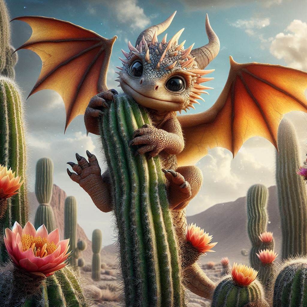 Baby Dragon climbing cactus