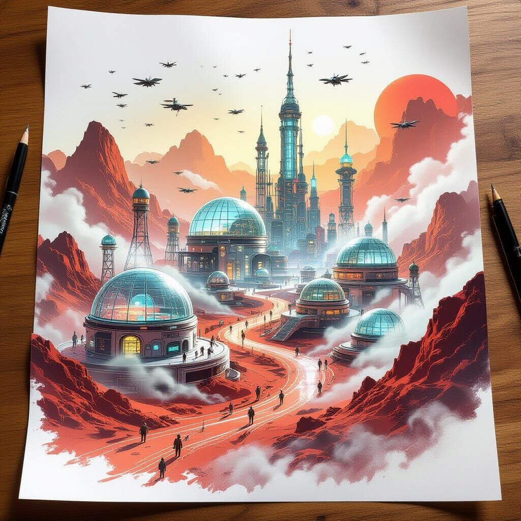 On a wooden desk lies a single sheet of paper. The inked lines begin to shimmer, and from the drawing, a Martian colony emerges — domes of g...