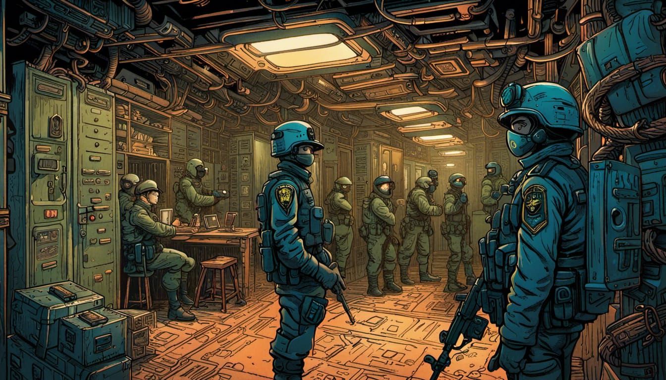 "Pandemic" dystopian military police inspect inside apartmen...