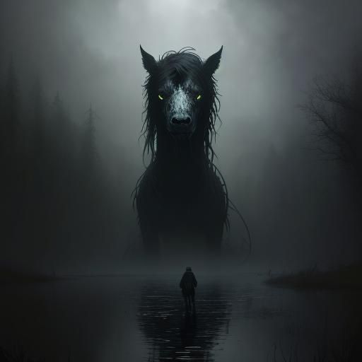 Kelpie emerging from the pond