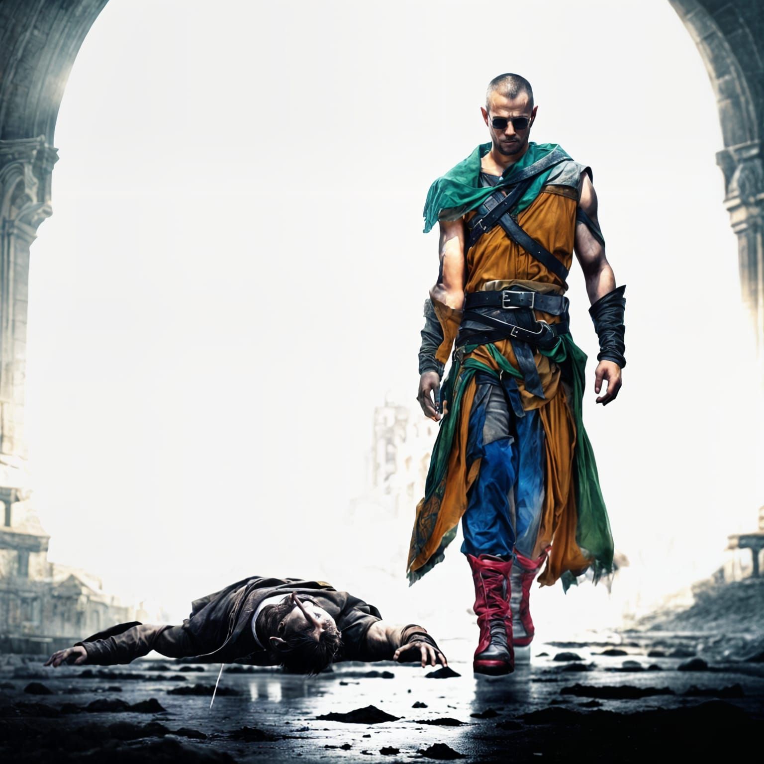 Man walking in medieval town