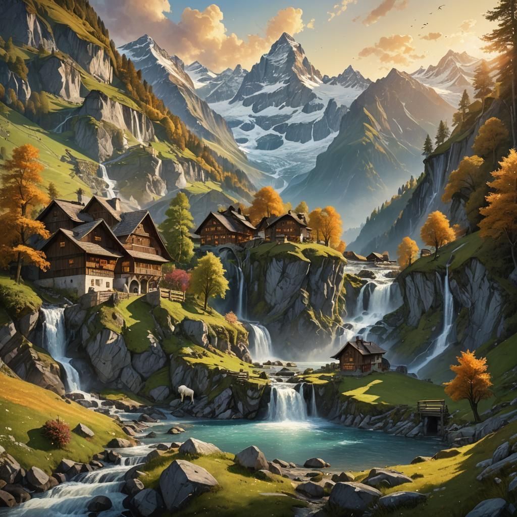 Goat Farm on Swiss Mountain at Sunset