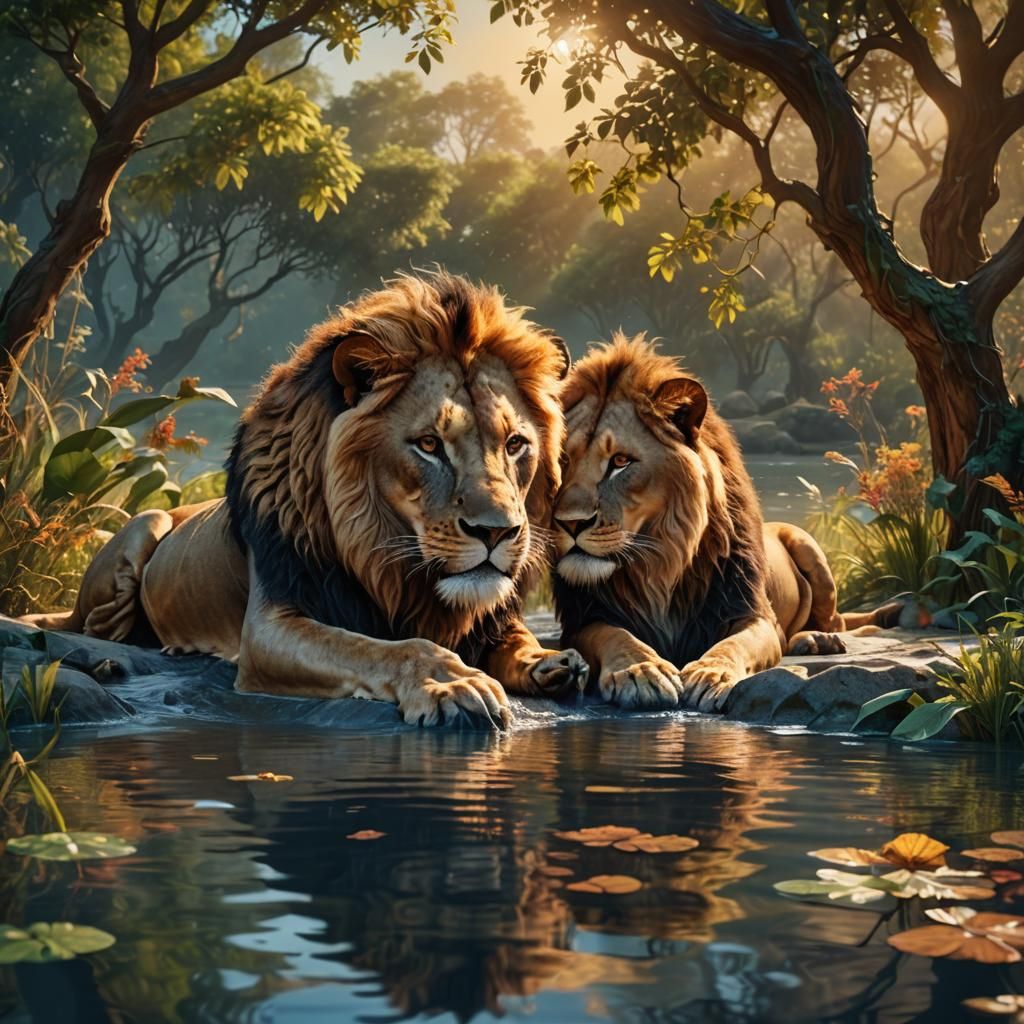 Lion and Lioness at River in Oil Painting Style