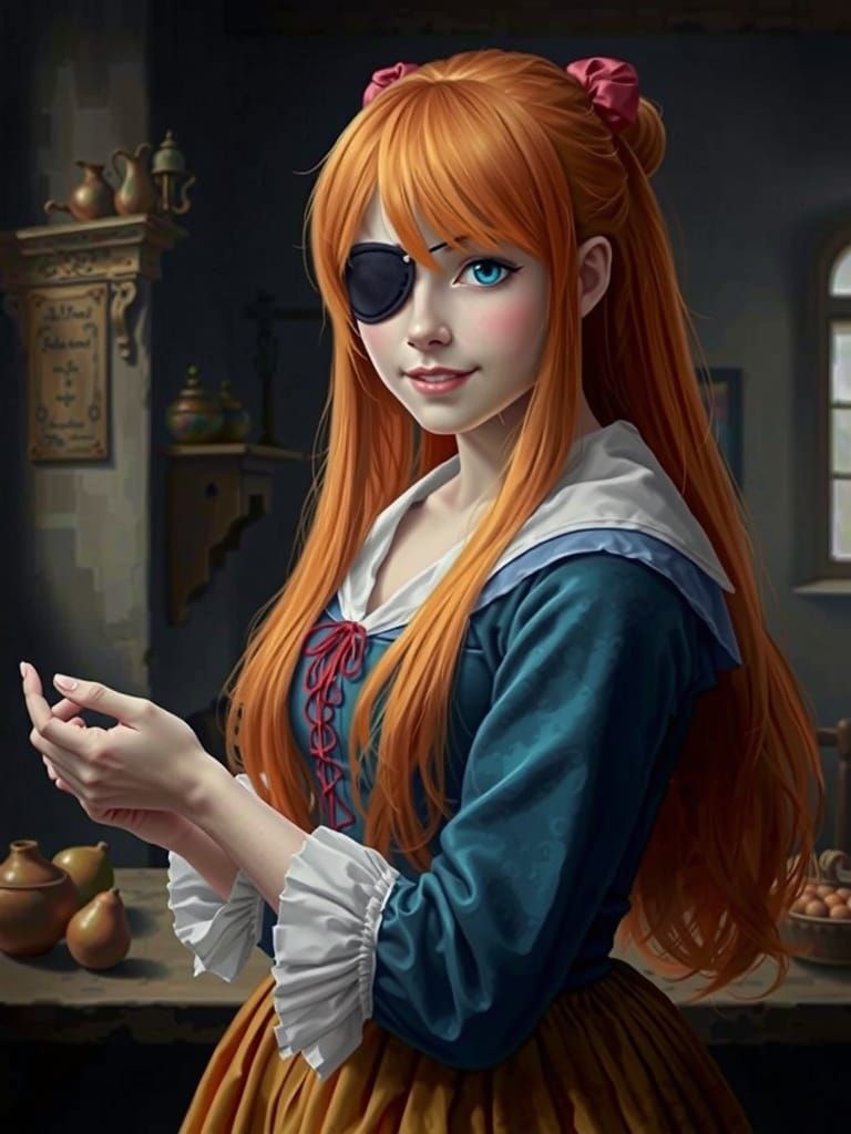 Fine art Vermeer inspired photograph of anime character Asuka Shikinami Langley dressed in 17th century clothes