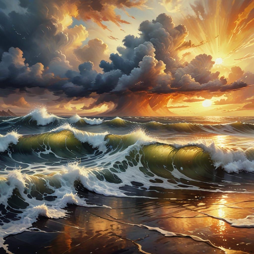 Watercolor Tsunami Waves in Dramatic Sunset Sky