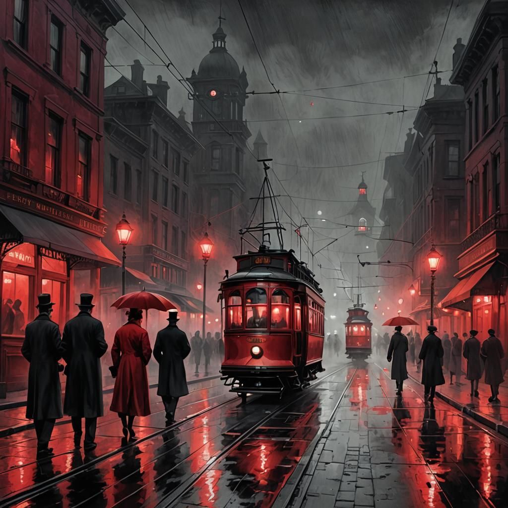 A foggy night scene with scarlet-hued gas lamps.