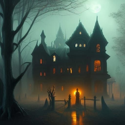 spooky place on halloween night with jack-o'-lanterns intricately detailed by Greg Rutkowski hyperdetailed detailed matt...