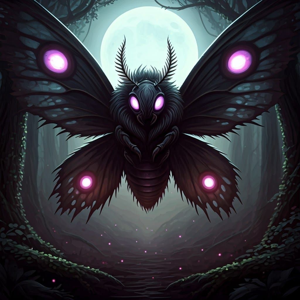 A large, ominous moth-like creature with tattered, thorn-covered wings and a shadowy chitinous body. Its form shifts between insect and nigh...