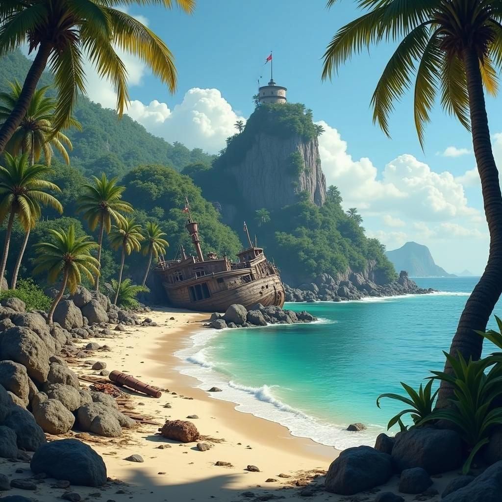 A shipwreck on a tropical island